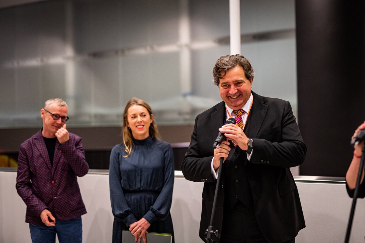 Marek Pokorny, Kamila Bondar and Brunon Bartkiewicz during the opening of the exhibition "Spirit Of Nature And Other Fairy Tales" at the Silesian Museum in Katowice, 2019