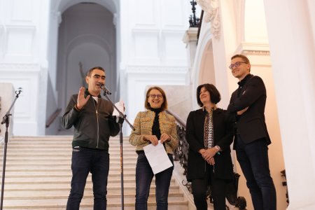 Nicolaus Schafhausen, Hanna Wróblewska, Małgorzata Smagorowicz-Chojnowska, Marcin Kryszeń podczas ogłoszenia Nagrody Fundacji, Warsaw Gallery Weekend 2019